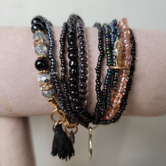 Black Stretch Beads Bracelets Set - Picture 1 of 4